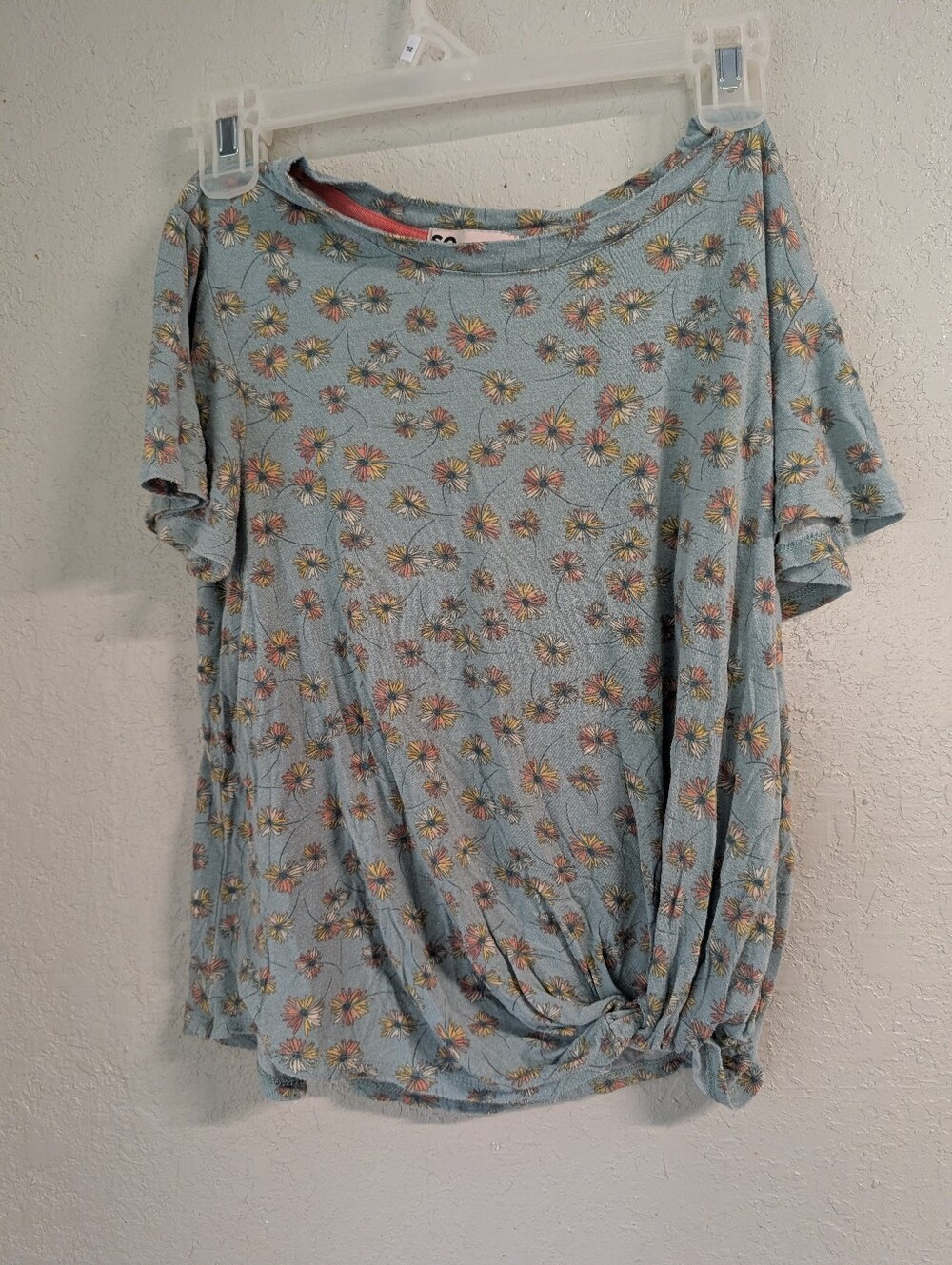 Floral Knot-Front Top M Dusty Blue Lace Semi Sheer Cottage Boho Fairy Retro